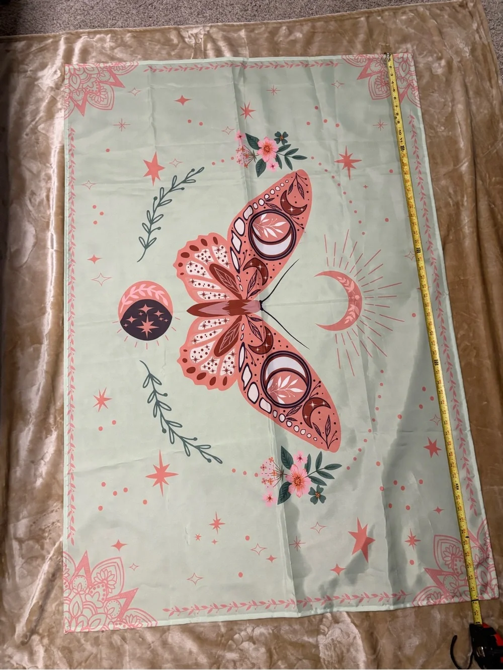 Pink and Green Butterfly Tapestry Mandala Floral Pattern with Moon and Stars